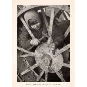  1934 Halftone Print Woman Mechanic Tractor Repair Wheel 