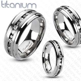 Solid titanium mens ring Black & Clear CZ Inlay wedding band 
