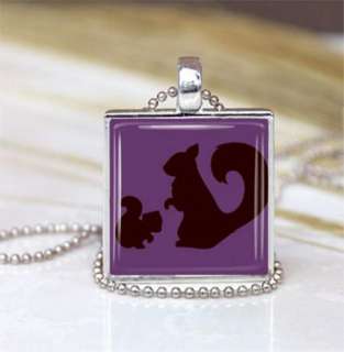 Squirrel Baby Mom Glass Tile Pendant Necklace Purple  