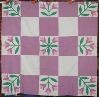 30s Lavender and Green Hand Stitched Tulip Applique Antique Quilt Top 