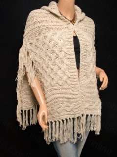  Knit Hooded Fringes Poncho Sweater Top  