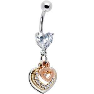  Triple Tone Gem Paved Heart Belly Ring Jewelry