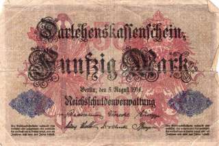 German Bank Note Aug.5,1914 50 Marks  