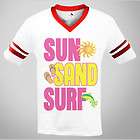 Sun Sand Surf Mens V neck Ringer T shirt Sandals Dolphin Beach Surfer 
