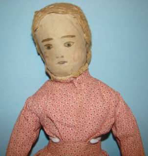 Antique 19thC Primitive Cloth Rag Doll in Pink Calico  