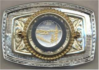 Gold on Silver Oregon Statehood Commemorative Quarter Belt Buckle 