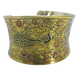  Iba Peacock Engraved Brass Cuff Black Adjustable Gold Tone 