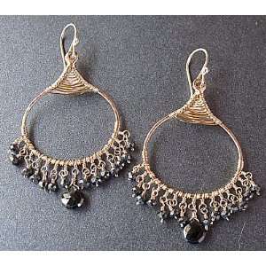   Sterling Silver Earrings Black Spinel on filagree wire drops: Jewelry