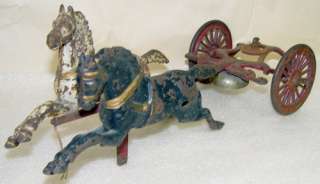 Antique Cast Iron Toy 2 Horse Drawn Fire Pumper Wagon  