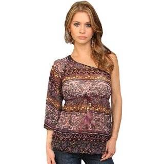 Paisley Boho Multi Color Purple Print One Shoulder Top Blouse by 