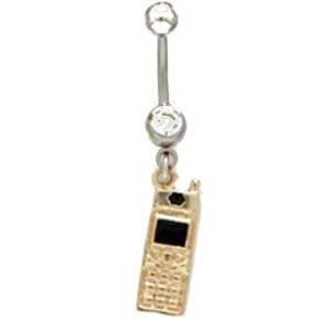 Techi Gold Phone Dangle Belly Ring with CZ Stone 316l Surgical Steel 