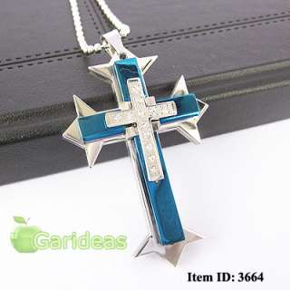   Steel Diamond Multi Blue Cross Chain Pendant Necklace ID3664  