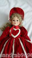 VTG Victorian Doll Porcelain Red Velvet Dress Bonnet Boots Pearls 