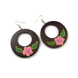  Organic Wood Sphere Dangle Earrings with Hand Painted 