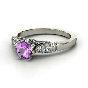   Elizabeth Ring, Round Amethyst Sterling Silver Ring with Diamond