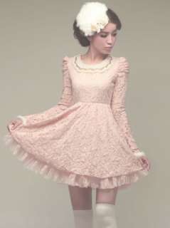 Vintage Victorian Bric Brac Collar Pink Lace Long Sleeve Dress 