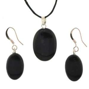  Black Jasper Oval Pendant and Earring Set   Pendant 15mm x 