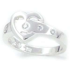  Heart Shaped Buckled Solid Sterling Silver CZ Ring, Size 6 