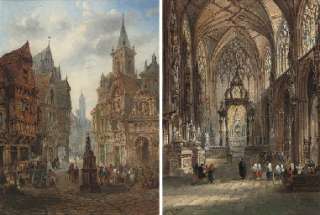 Sunlit cathedral interior; and Market day
