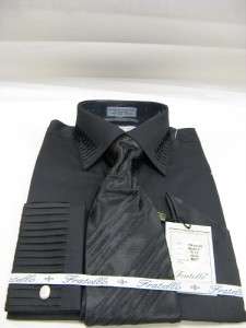 New Fratello Fashion Dress Shirt w/Tie and Hanky Pleated Black Size 16 