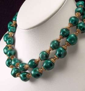 Vintage LUXE Emerald Green 2 Strand Glass Beaded Gold Choker NECKLACE 