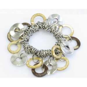  Metal and Wood Disc Stretch Bracelet (Silver): Jewelry