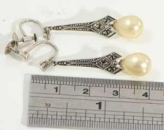 Art Deco Silver Marcasite Drop Earrings Screws c1930  