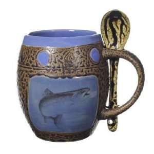  Ceramic Pottery Mug with Blue Trout and Spoon Kitchen 