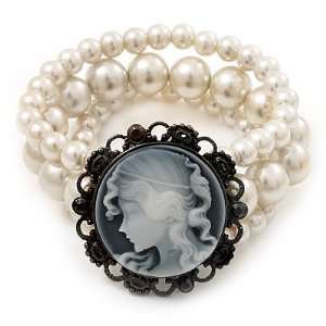   Strand Faux Pearl Cameo Flex Bracelet   up to 19cm wrist: Jewelry