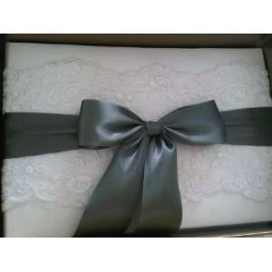 Chantilly Lace Ivory Guest Book with Moss Green Satin Ribbon Beverly 
