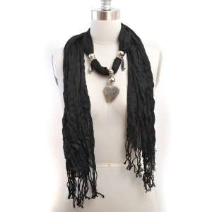 Solid Black Color Charm Decorated Pashmina Scarf 