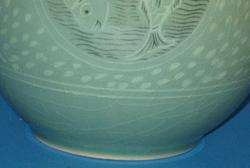 Fine Vintage Signed Korean Celadon Vase w/ Fish Motif  
