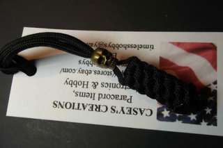 Paracord Knife Lanyard in Black with Brass Alloy Skull Bead   FREE 