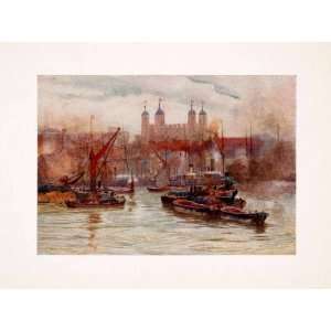 Print River Thames Tower London England Marshall Fortress Palace Boat 