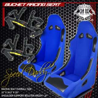   BLUE RACING BUCKET SEATS W/4 POINT HARNESS BLACK SEAT BELTS  