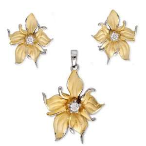    CZ Vermeil Gold Plated Flower Earrings And Pendant Set Jewelry