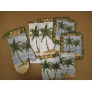    7 Piece Palm Tree Beach Scene Dish Towel Set