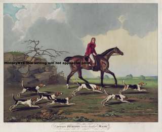 1930 CAPTAIN RICKETTS ON HORSE W/ DOGS HUNT LITHO PRINT  