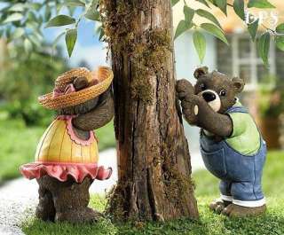 Hide & Seek Boy & Girl Bear Tree Leaner Garden Statues  