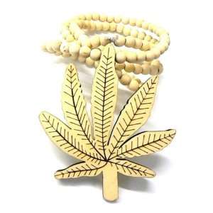 Natural Wooden Marijuana Leaf Pendant with a 36 Inch Beaded Necklace 