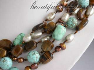 5row 20 coffee gray pearl massive tigers eye turquoise NECKLACE.I 