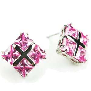  CZ Foursquare Earrings, Pink Topaz Colored CZs, Post 