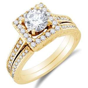 Size 7.5   14K Yellow Gold Large Diamond Halo Ladies Bridal Engagement 