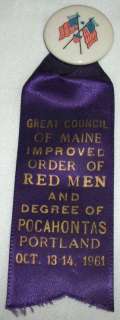 Vintage Maine Improved Order of Red Men Pin Ribbon  