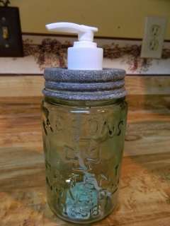 Primitive Green Mason Jar Soap Dispenser with Barn Roof Lid  