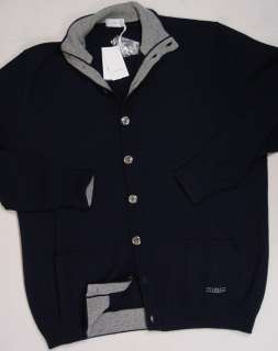 MALO SWEATER $1290 NAVY & GRAY 100%CASHMERE 9 BUTTON LOGO CARDIGAN MED 