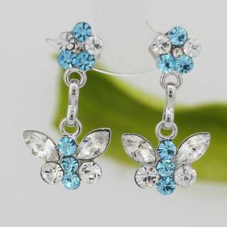Fashion Aquamarine Czech Crystal Butterfly Stud Earrings  