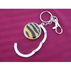 New Folding Yellow Zebra Print Handbag Hook Purse Hanger with Keychain 