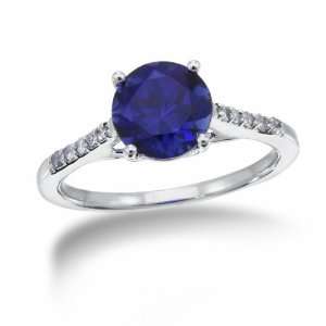   Silver, Diamond and Lab Created Blue Sapphire Gemstone Ring: Jewelry