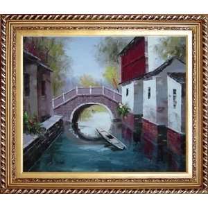 Boat Sitting Idle Under Bridge at Water Village Oil Painting, with 